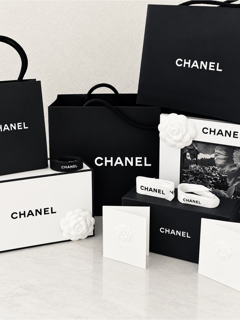 CHANEL Black and White Logo Tote & Gift Boxes Set